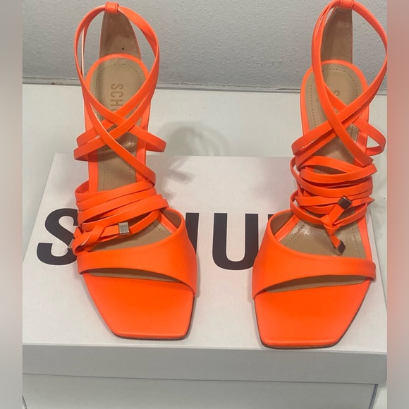 SCHUTZ Bryce Leather Strap Ankle-Wrap Sandal in Acid Orange Womens Sz: Multiple - Picture 11 of 12
